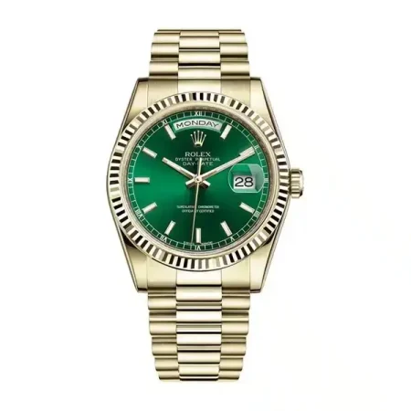 Rolex 118238 Day-Date Green Dial Fluted Bezel Yellow Gold President Bracelet 36 mm Watch