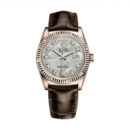 Rolex Day-Date 118135 Meteorite Diamond Dial Rose Gold Brown Leather Strap 36mm Watch